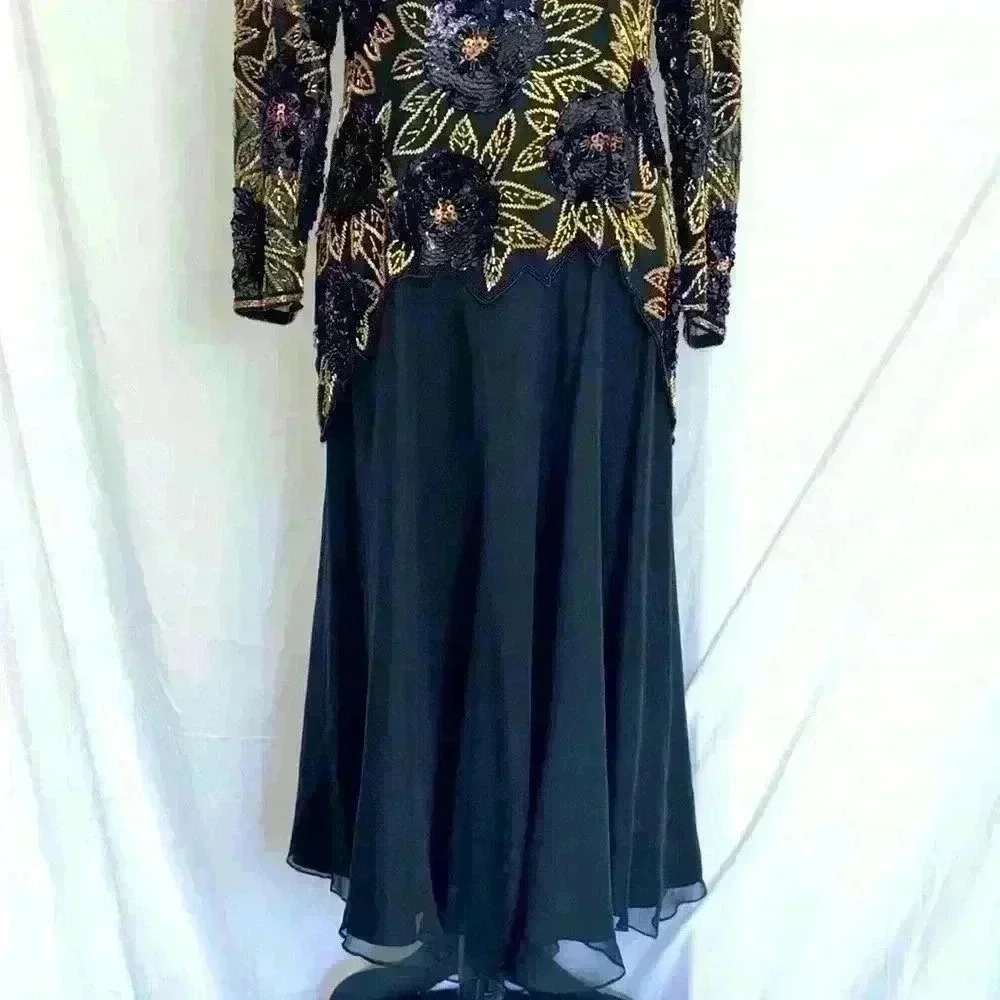 Vintage 1980s Morgan Taylor Evening 100% Silk Black Gold Beaded Sequins Dress - Picture 4 of 10